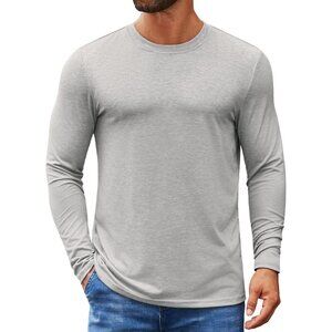 COOFANDY Men Light Grey Crew Neck T-Shirt Long Sleeve Pullover Tee Soft Stretch